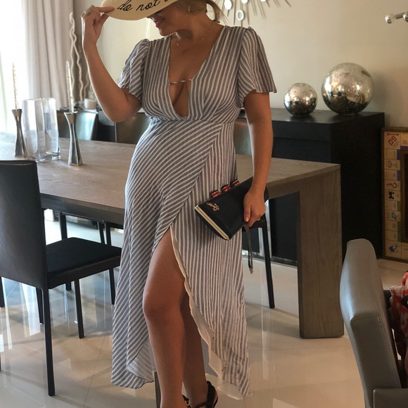 Esseu Dresses & Skirts - Esseu Striped Blue Dress v-neck with tie back